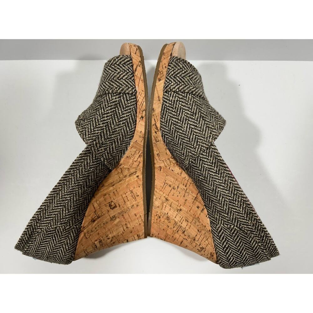 Toms Tweed Herringbone Brown Tan Peep Toe Cork Wedge Heel Women’s Size 6.5 - Picture 3 of 8